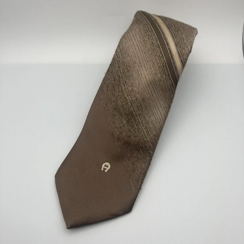 Etienne Aigner Neck Tie Tan‎ Brown Stripe  Logo Mens